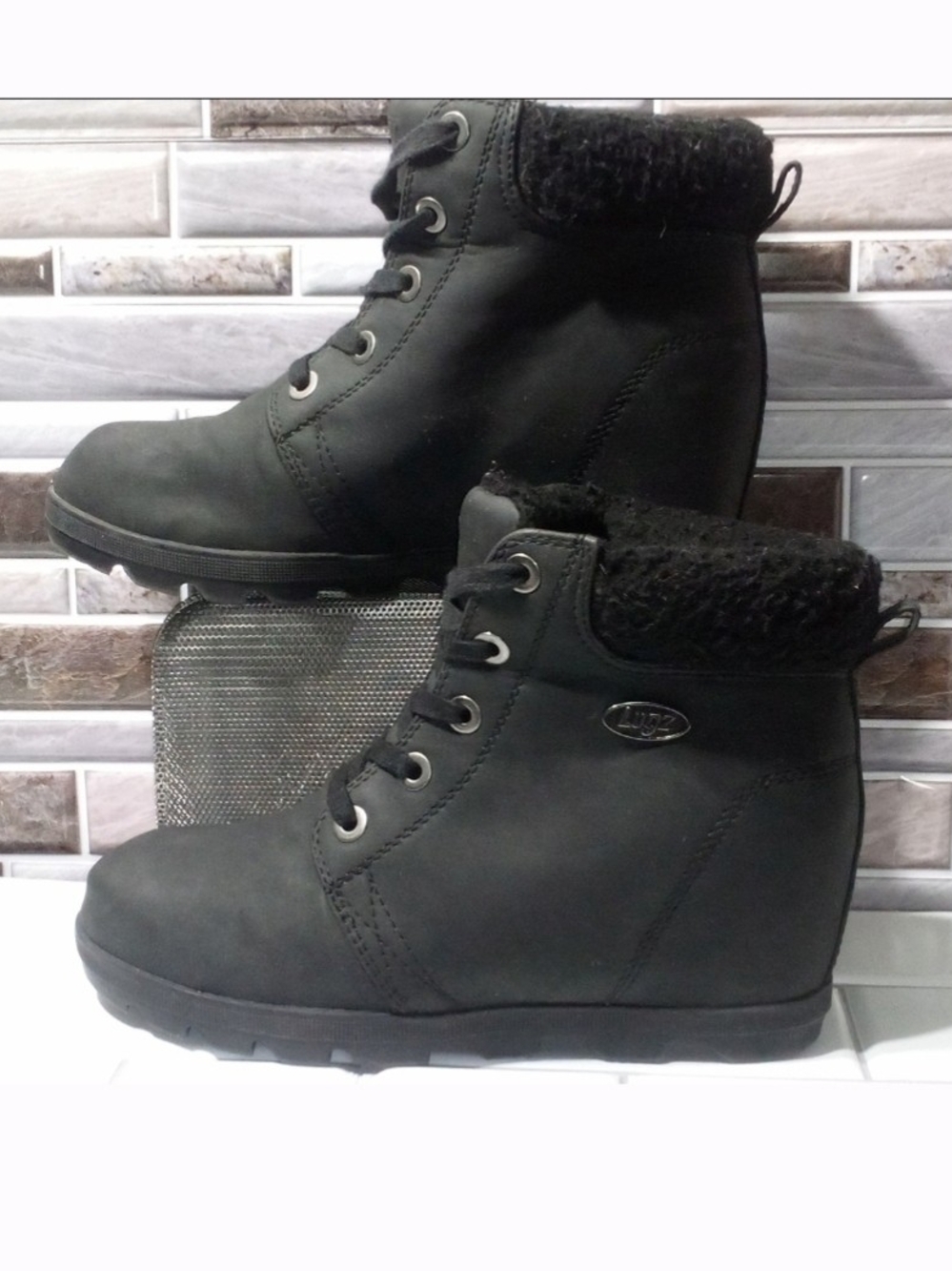 Lugz Black Lace-Up Faux-Shearling Ankle Boots